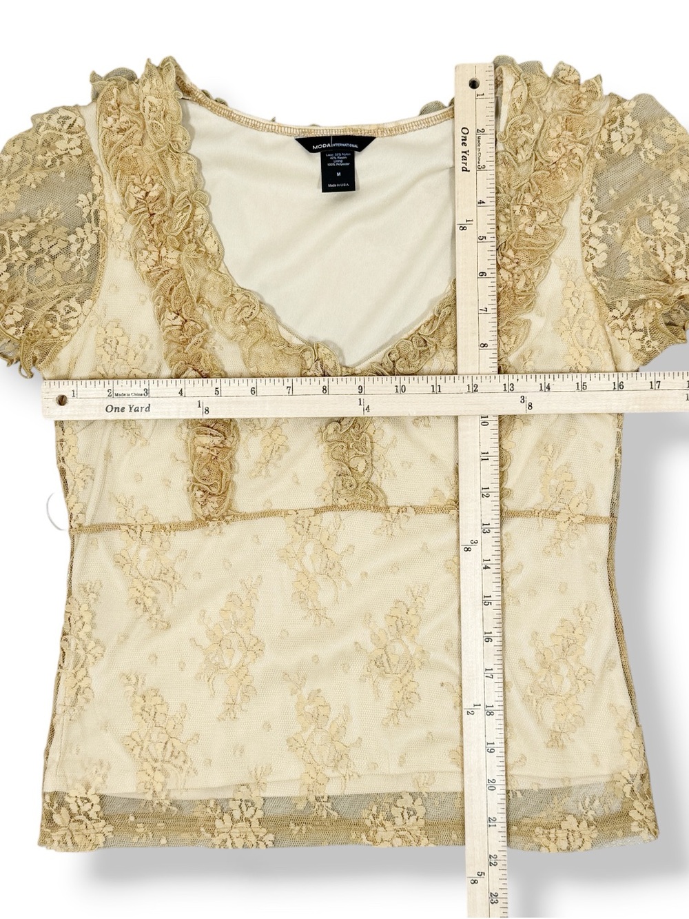 Vintage Y2K Moda International Lace Coquette Fairy Ruffle Top Medium Beige Boho - Picture 10 of 11